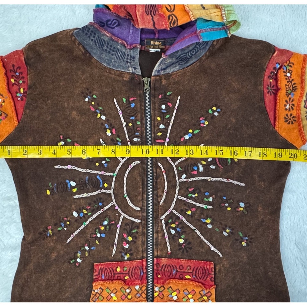 Rising International Hoodie Womens S Brown Patchwork Embroidered Boho Nepal EUC - Picture 11 of 13